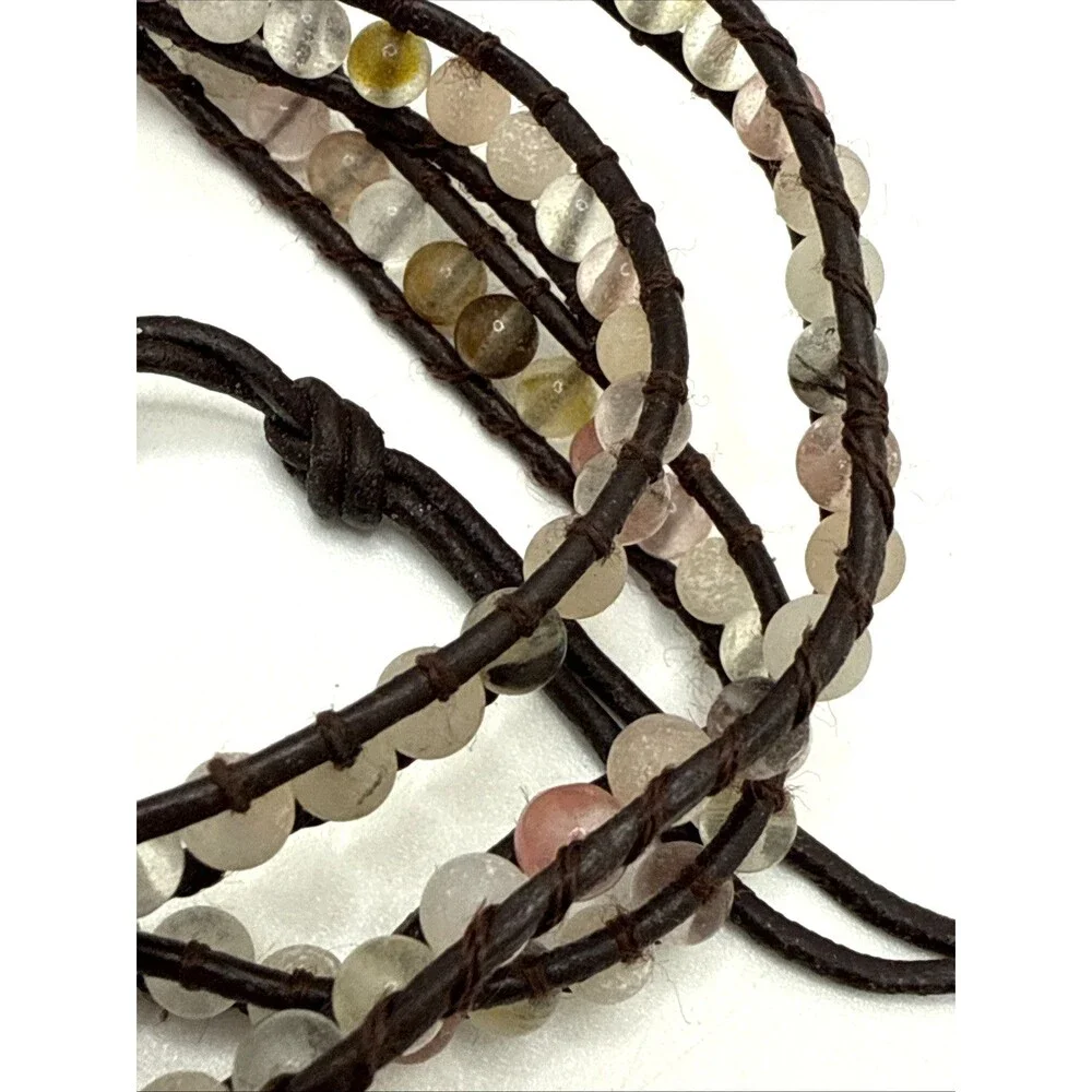 Victoria Emerson Wrap Bracelet Brown Leather Multicolor Stone Beaded Boho 33-36